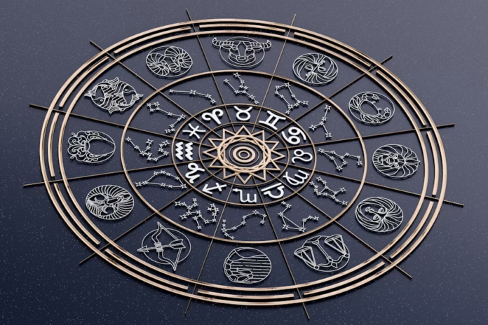Zodiac wheel illustration with symbols around the edge